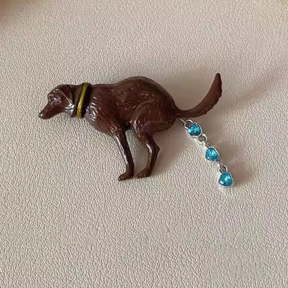 Pooping Dog Brooch with Blue Accents - Picture 1 of 7